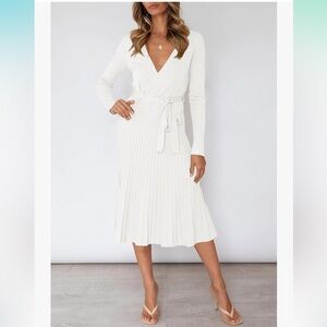 Women's Wrap Sweater Dress V Neck Long Sleeve Ribbed Knit Midi Dresses with Belt
